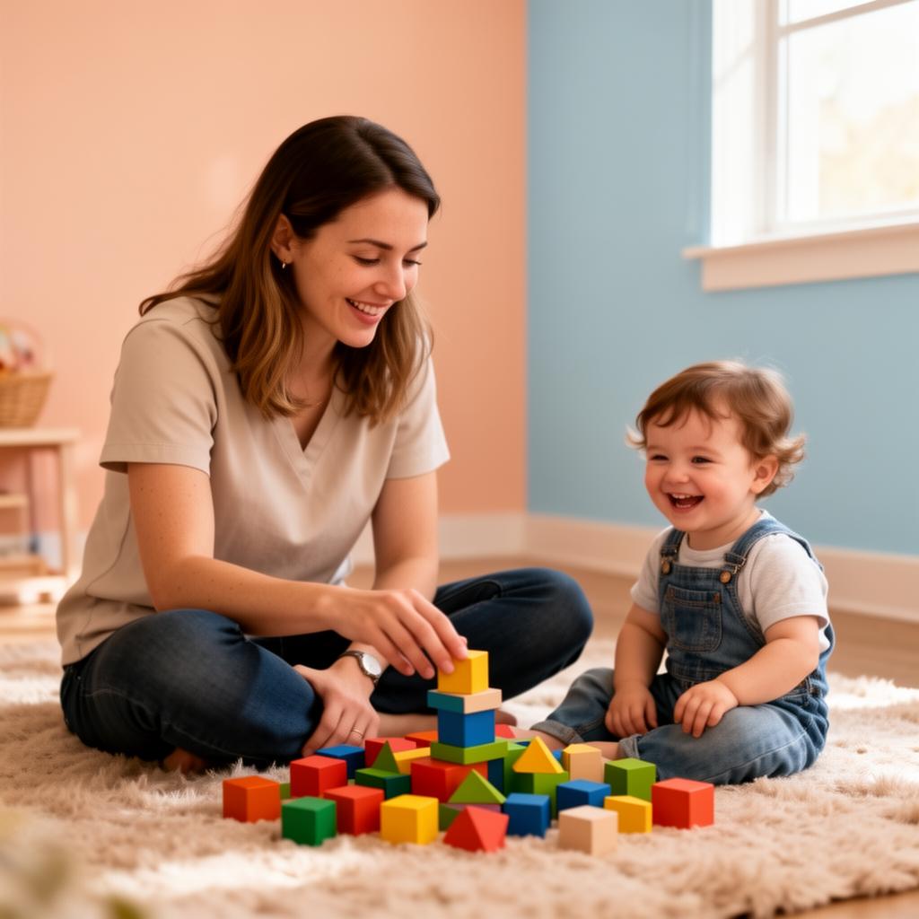 BCBA therapist playing blocks with a happy toddler